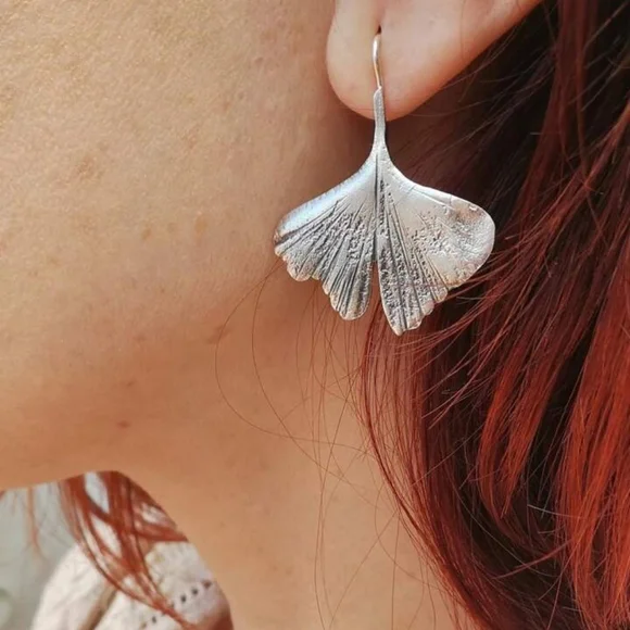 Silver Gingko Biloba Leaf Earrings 3D Leaves Nature Modern Botanical Minimalist